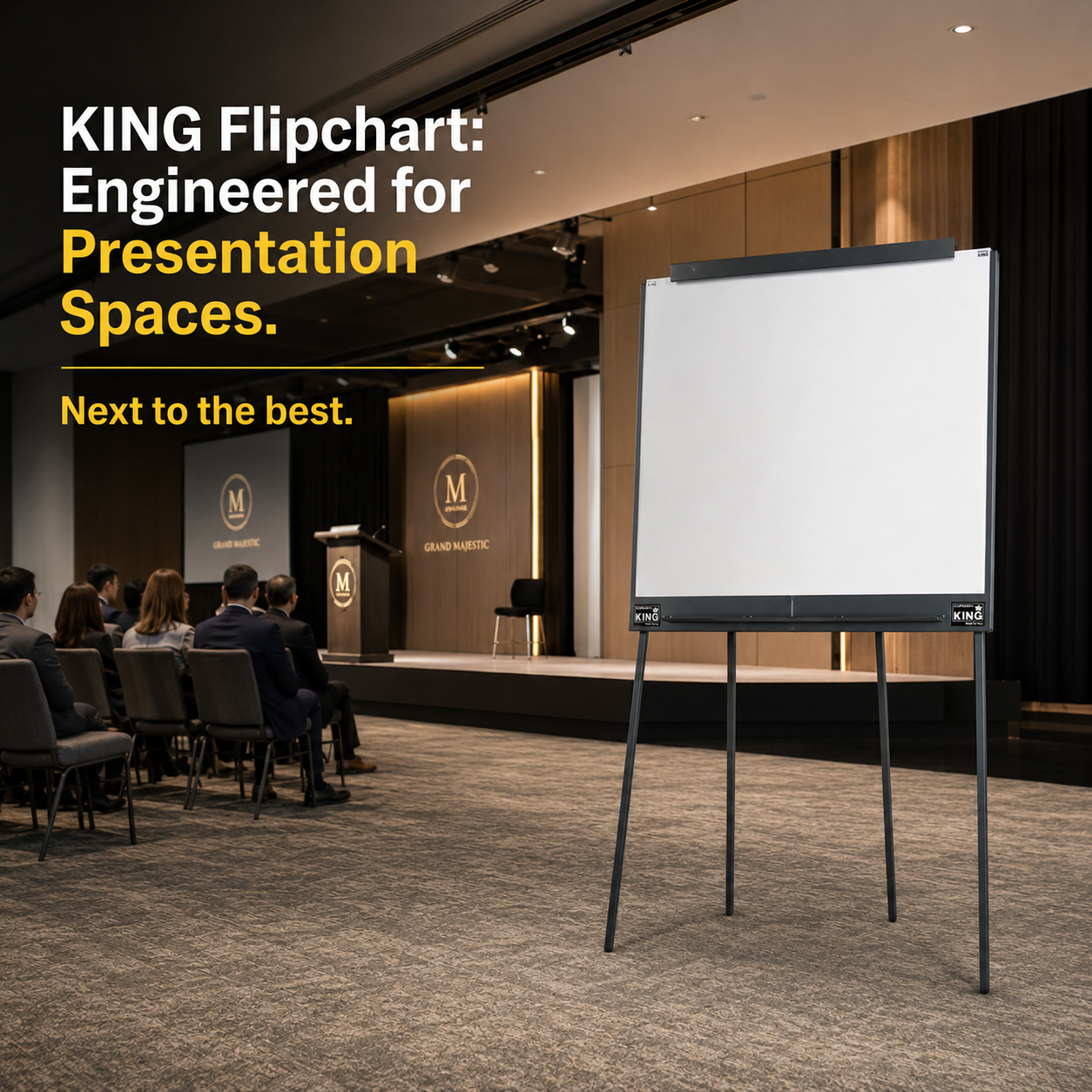 KING Flipchart professional board positioned in a conference room with an audience. Text in the image: KING Flipchart: Engineered for Presentation Spaces. Next to the best.