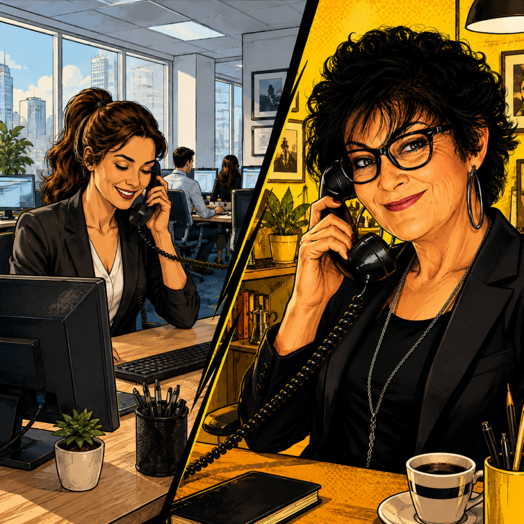 La telefonata sfacciata a Tony Robbins: quando Tiziana disse “your flipchart paper sucks” 8 llustrazione fumettistica di Tiziana al telefono con un ufficio americano, ispirata alla telefonata a Robbins Research International per KING Flipchart.